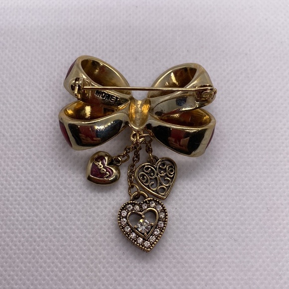 Monet Gold Tone Red Bow Dangling Heart Brooch/ Pin 2007 - Picture 6 of 7